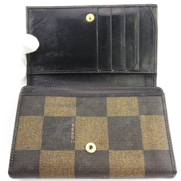 Authentic FENDI L-shaped zipper purse block check beige PVC ~ leather Auth used - Picture 5 of 9